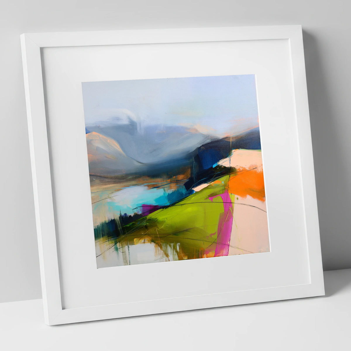 Vibrant Fell Summit View lake district fell art print in white frame