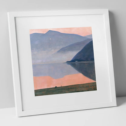 Pink Dusk Over Still Lake lake district lake art print in white frame