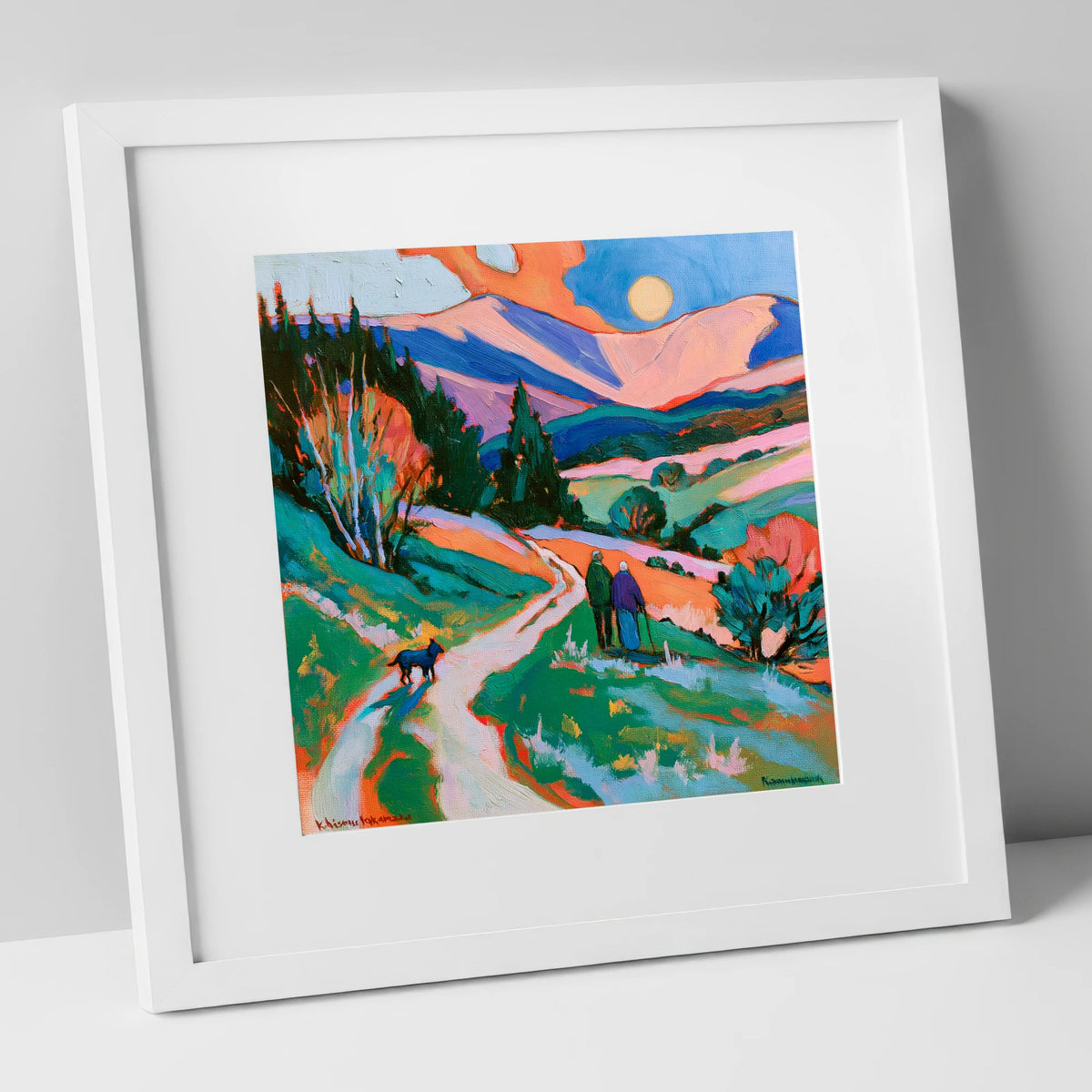 Colourful Keswick Dog Walk gifts for dog walkers art print in white frame