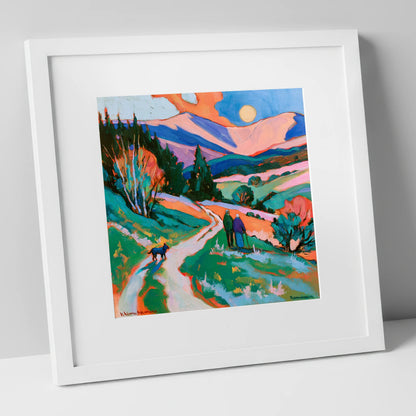 Colourful Keswick Dog Walk gifts for dog walkers art print in white frame