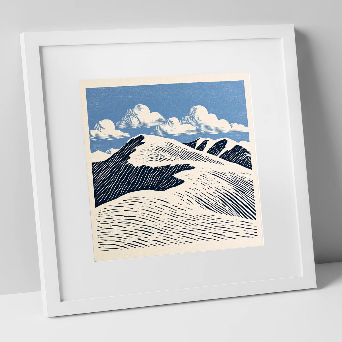 Graphic Helvellyn Ridge in Navy lake district fell art print in white frame