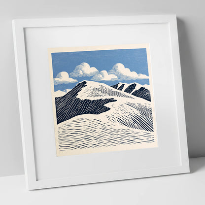 Graphic Helvellyn Ridge in Navy lake district fell art print in white frame