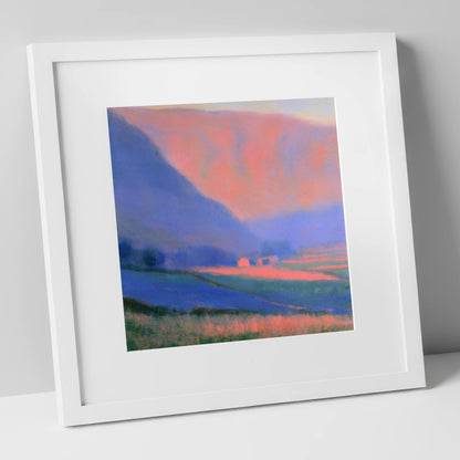 Pink Light on Patchwork Fields lake district valley art print in white frame