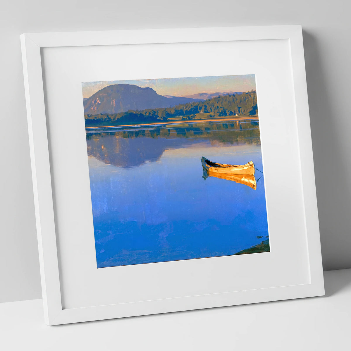 Sunlit Canoe on Lake Windermere lake district lake art print in white frame