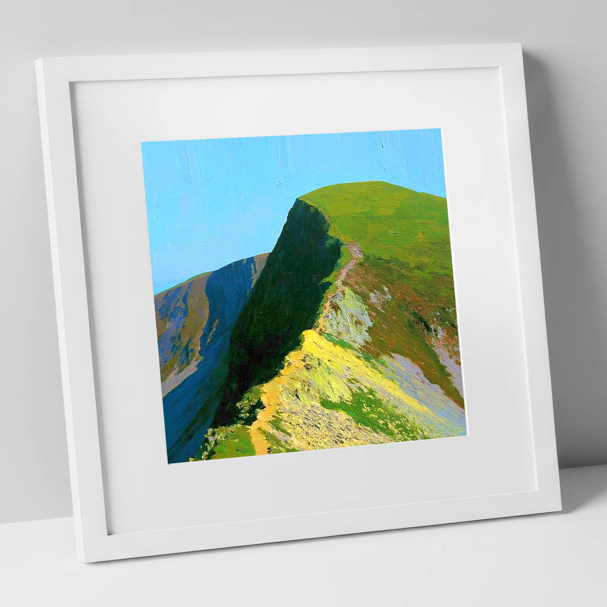 Sunlit Crag Hill Ridge Path lake district fell art print in white frame