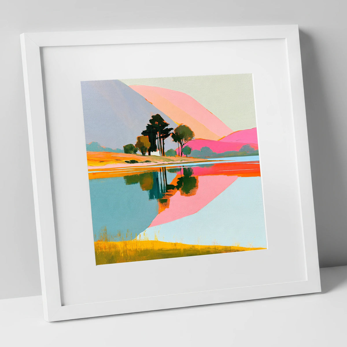 Pink Fells and Lake Reflections lake district lake art print in white frame