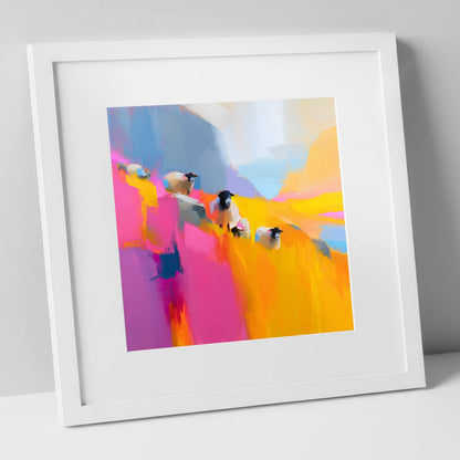 Herdwick Sheep in Fuchsia and Gold lake district wildlife art print in white frame