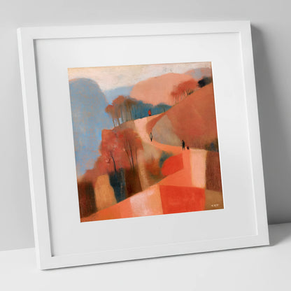 Terracotta Mountain Path Walkers lake district walking art print in white frame
