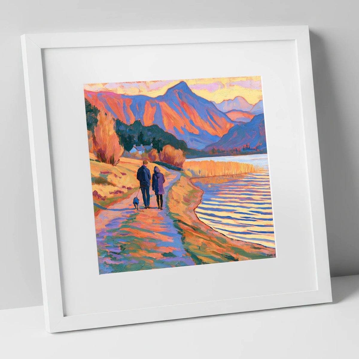 Vibrant Dog Walk at Hawkshead gifts for dog walkers art print in white frame