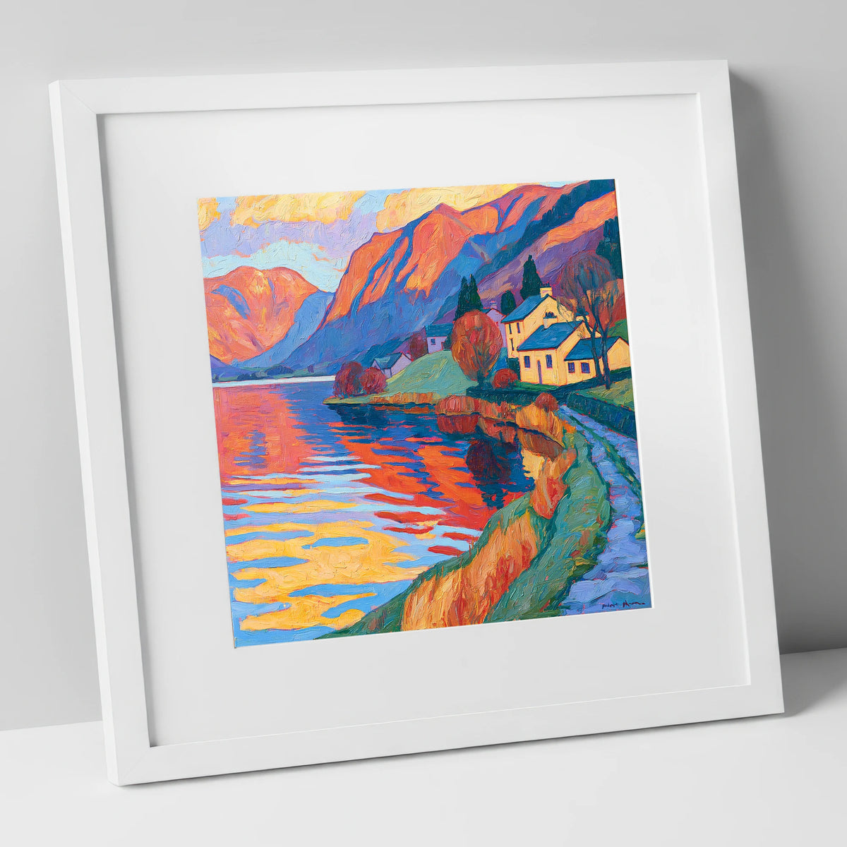 Golden Cottages on the Lakeshore lake district village art print in white frame