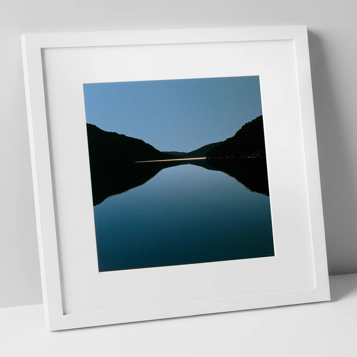 Midnight Blue Lake Reflection lake district lake art print in white frame
