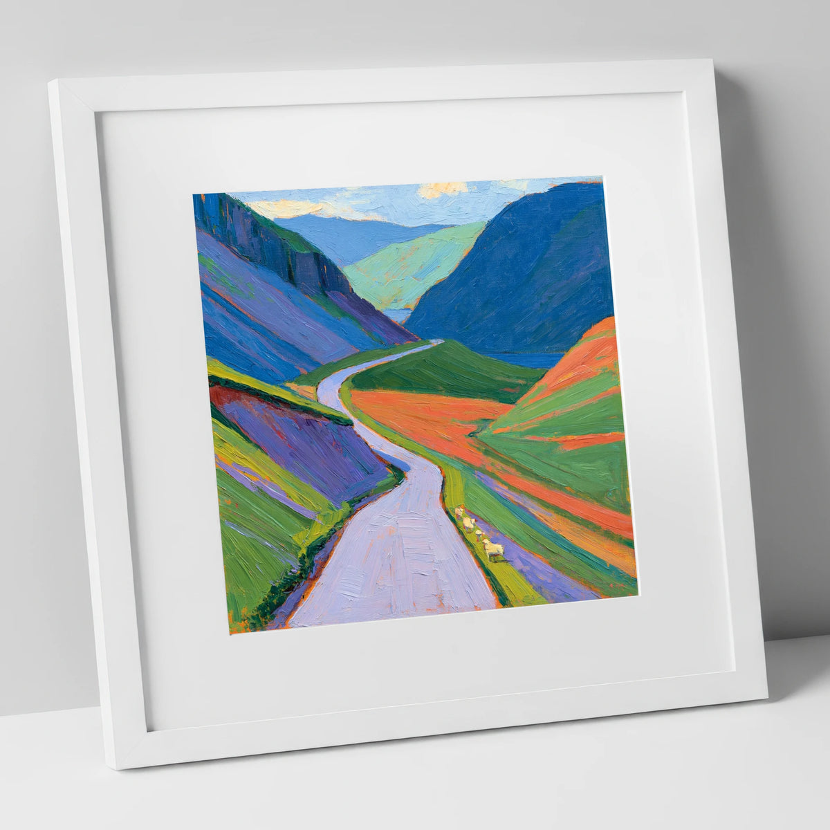 Winding Pass and Cobalt Fells lake district valley art print in white frame