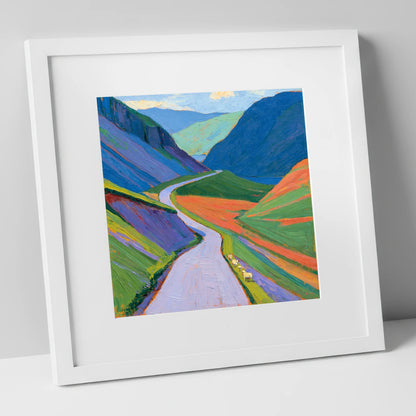 Winding Pass and Cobalt Fells lake district valley art print in white frame