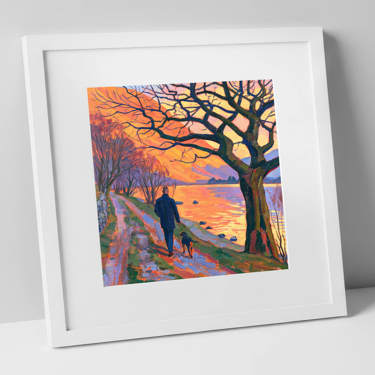 Vibrant Glenridding Sunset Dog Walk gifts for dog walkers art print in white frame