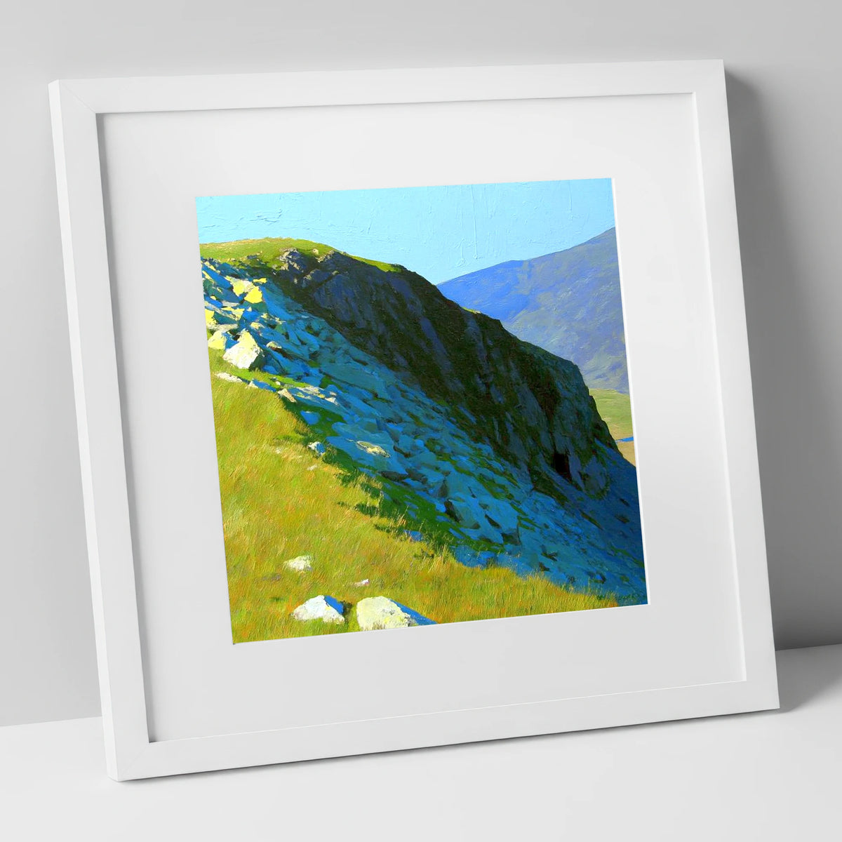 Sunlit Slopes on Rossett Pike lake district fell art print in white frame