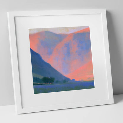 Pink Twilight Fell Valley lake district valley art print in white frame