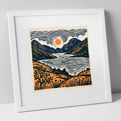 Orange Sun Over Ennerdale Water lake district valley art print in white frame