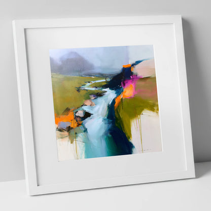 Dynamic Abstract Fellside Beck lake district waterfall art print in white frame