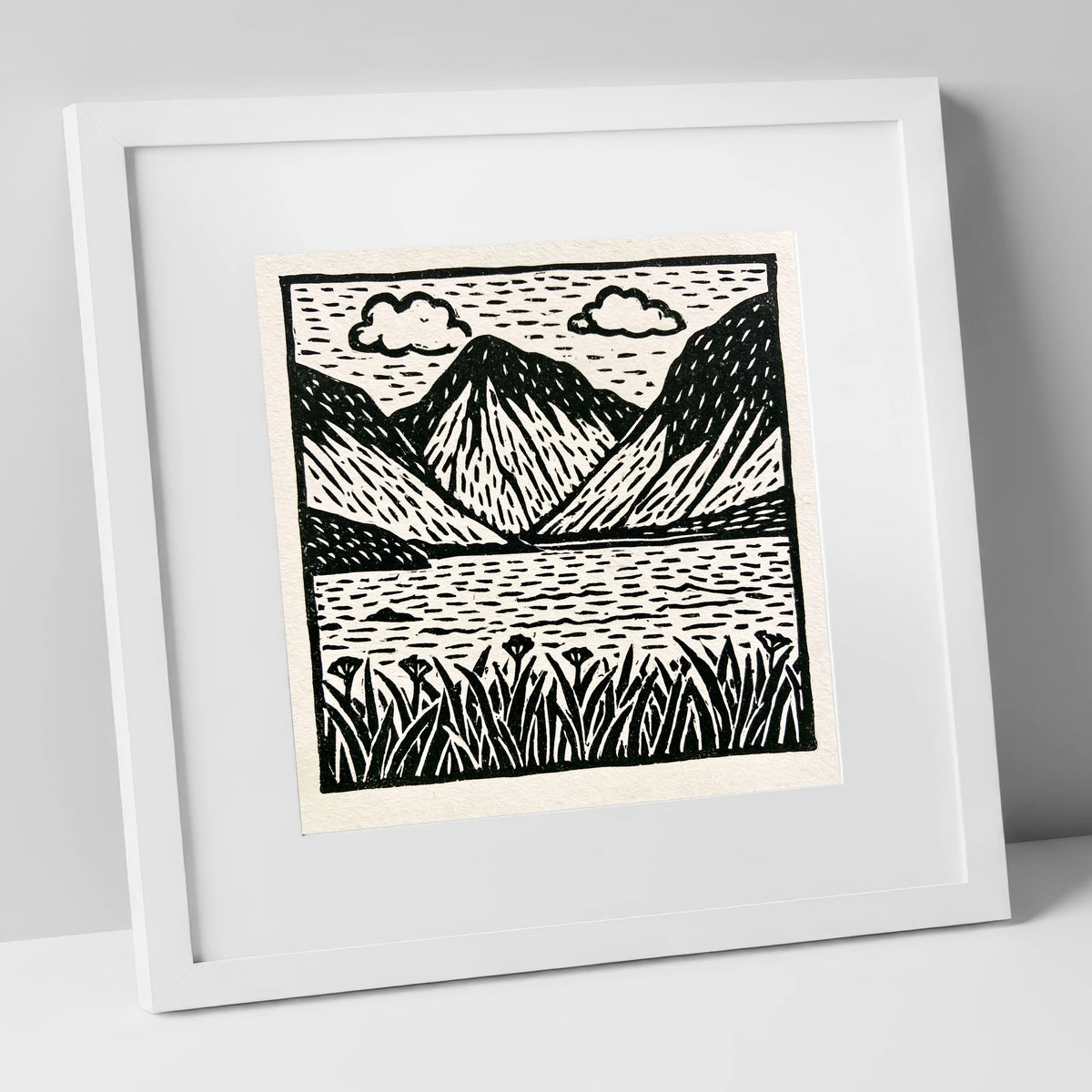 Black and White Wasdale Valley lake district valley art print in white frame