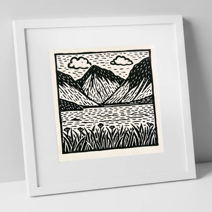 Black and White Wasdale Valley lake district valley art print in white frame
