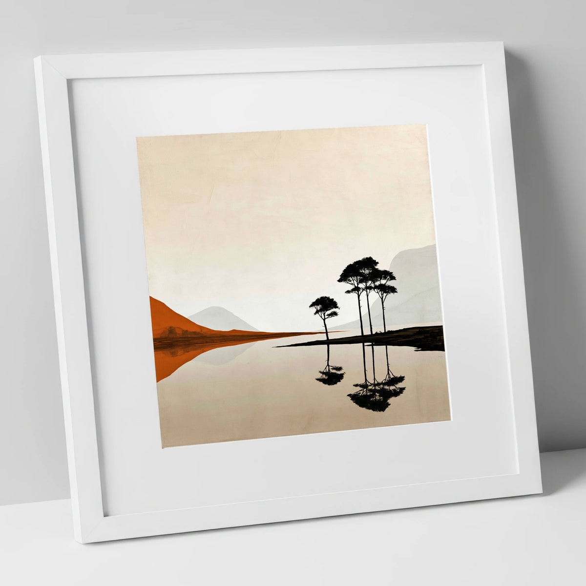 Dawn Lake with Silhouetted Pines lake district lake art print in white frame