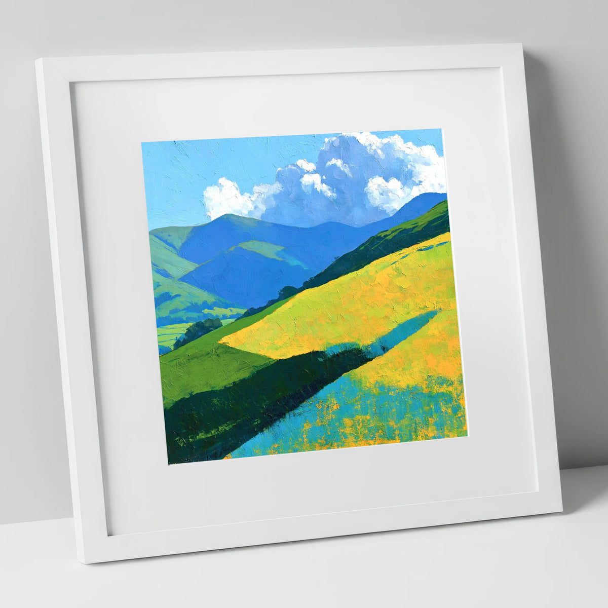 Sunlit Fells in Cerulean and Gold lake district fell art print in white frame