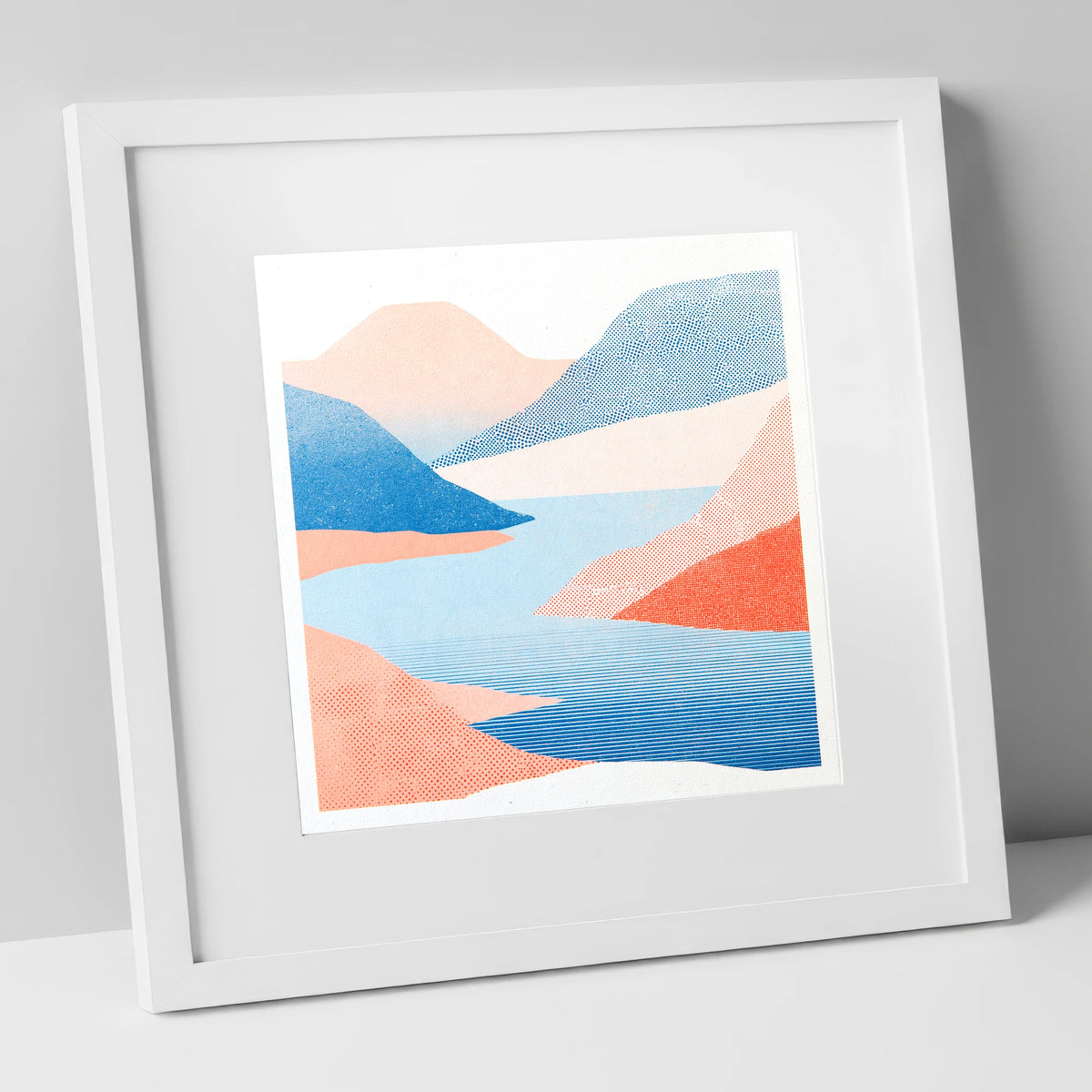 Graphic Lake And Coral Fells lake district lake art print in white frame