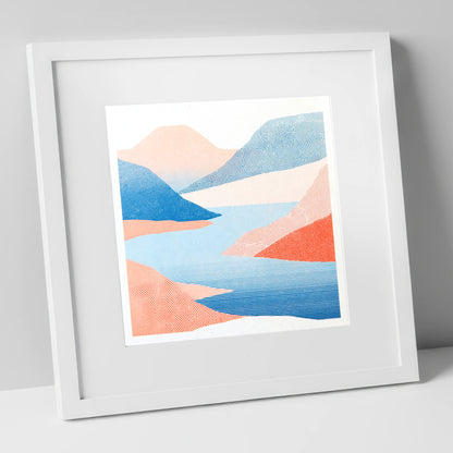 Graphic Lake And Coral Fells lake district lake art print in white frame