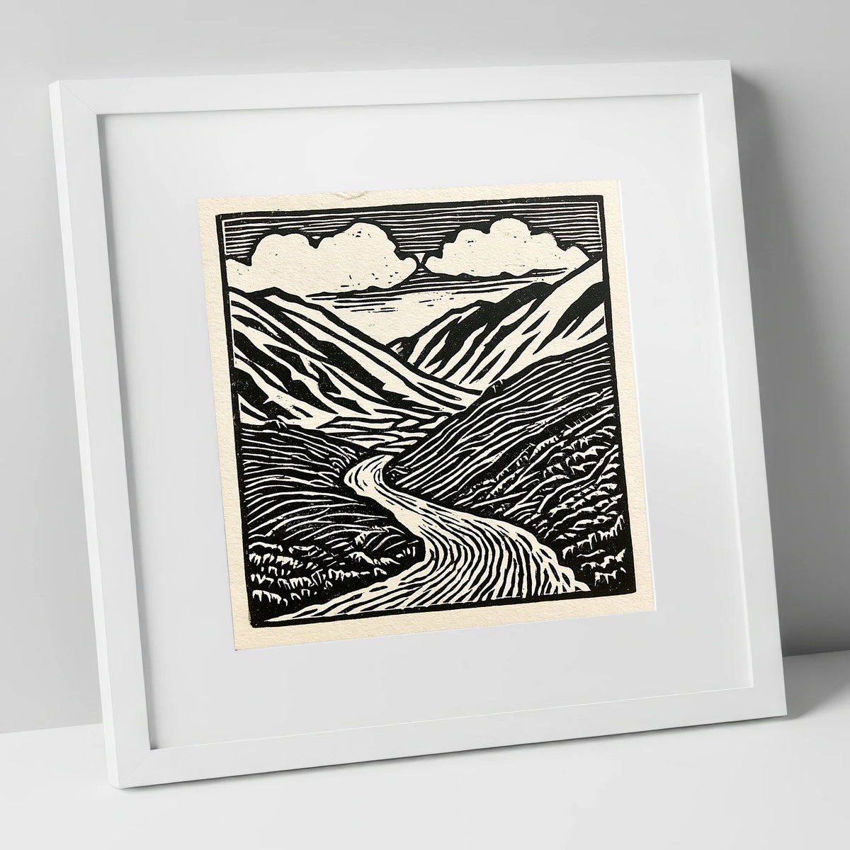 Monochrome Kirkstone Pass lake district valley art print in white frame