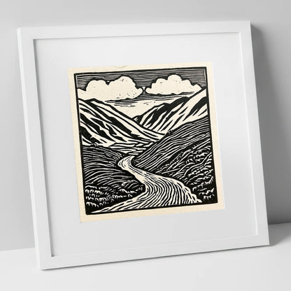 Monochrome Kirkstone Pass lake district valley art print in white frame