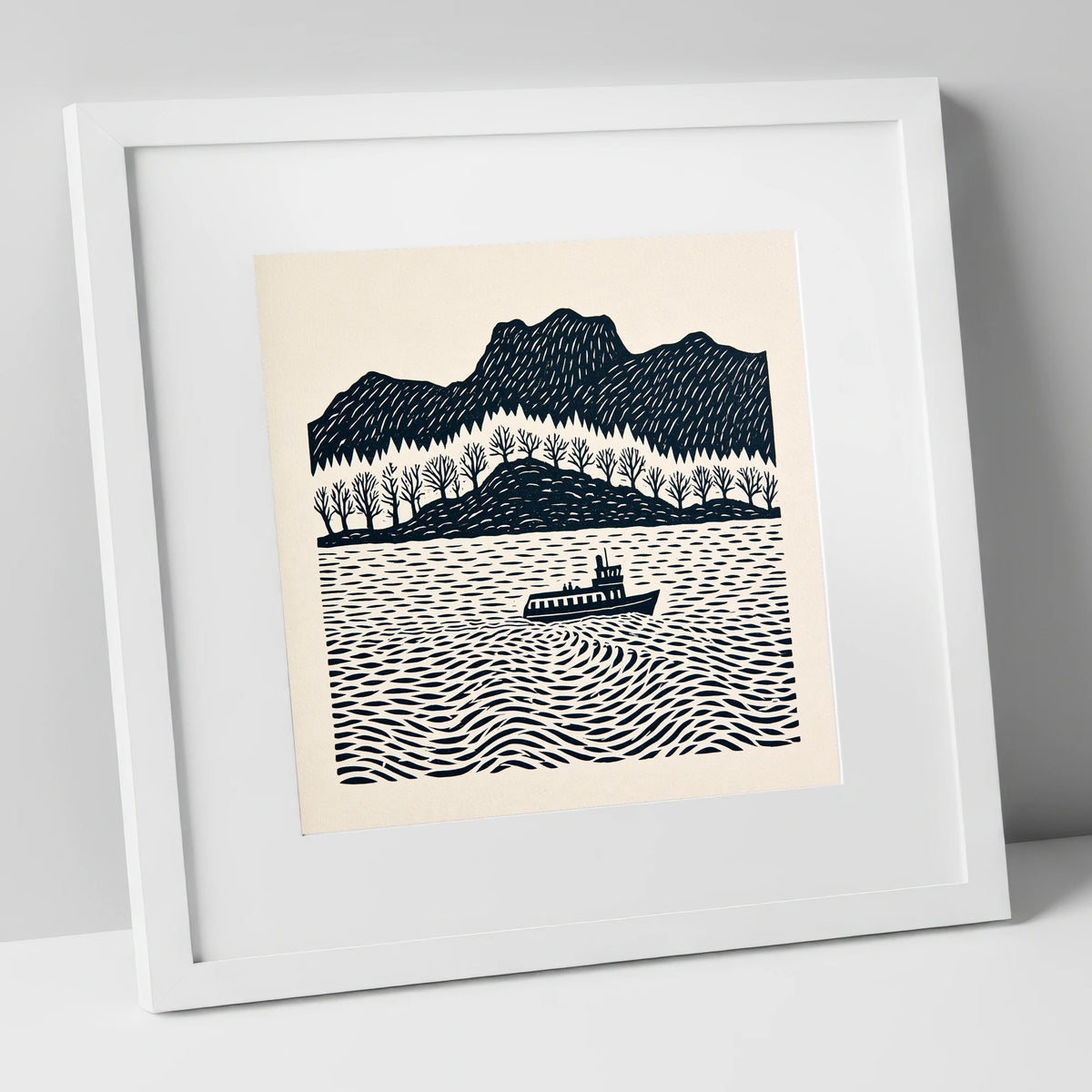 Windermere Steamer on Rhythmic Waters lake district lake art print in white frame