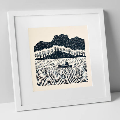 Windermere Steamer on Rhythmic Waters lake district lake art print in white frame