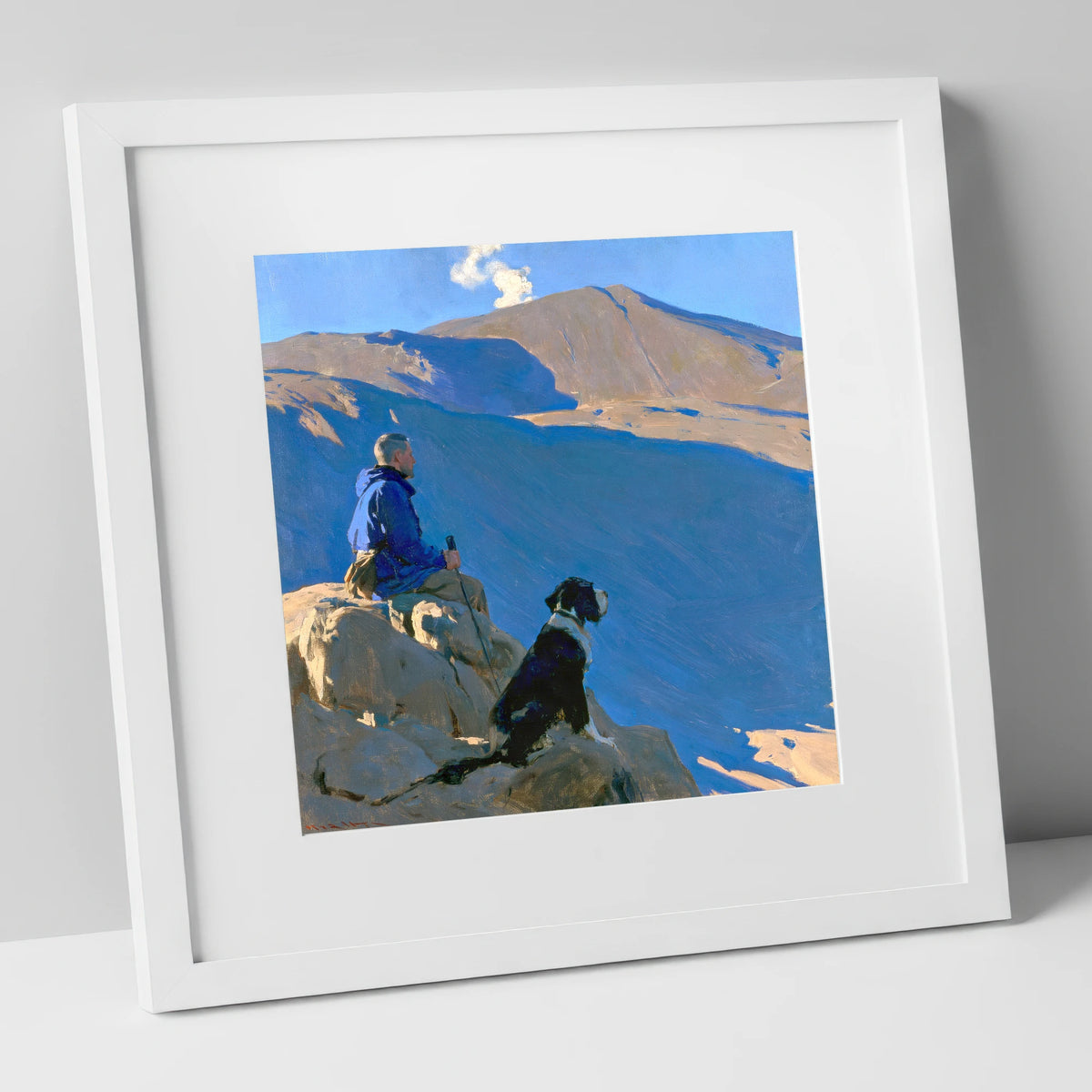 Sunlit Walker and Dog on Great Gable gifts for dog walkers art print in white frame