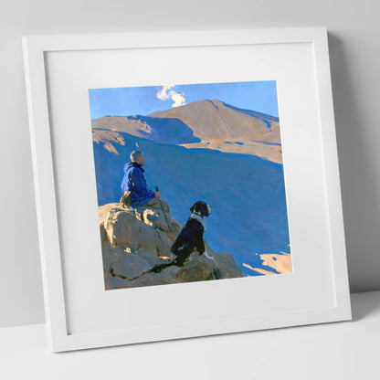 Sunlit Walker and Dog on Great Gable gifts for dog walkers art print in white frame