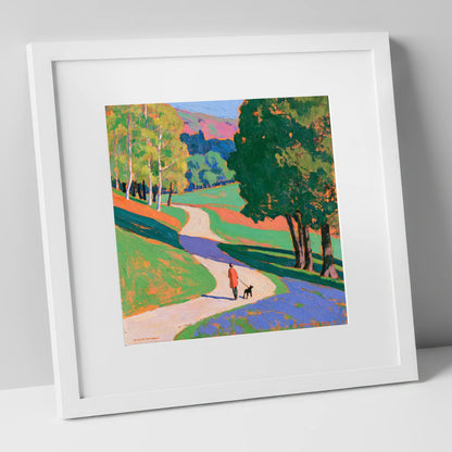 Vibrant Grasmere Dog Walk gifts for dog walkers art print in white frame