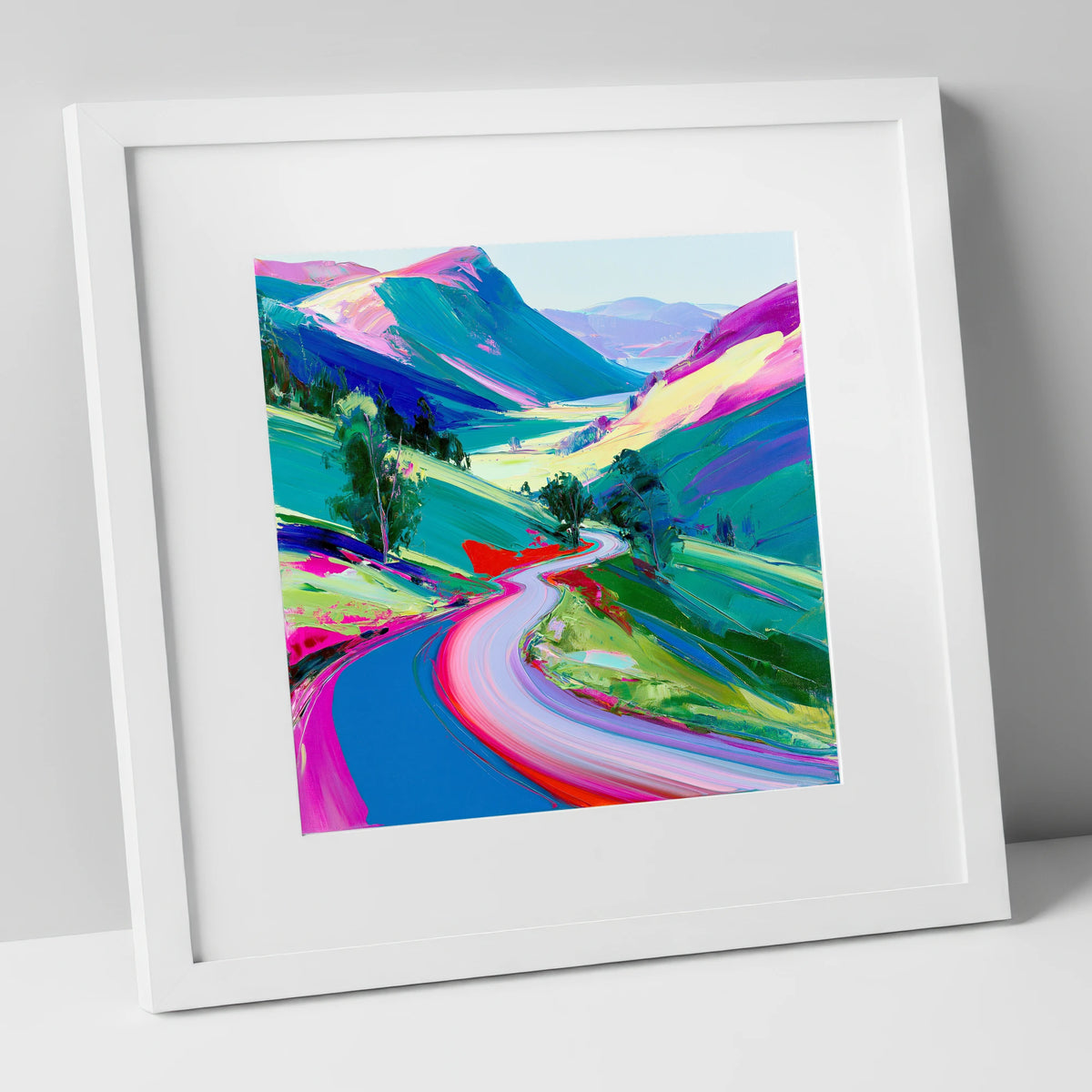 Vivid Winding Mountain Pass lake district valley art print in white frame