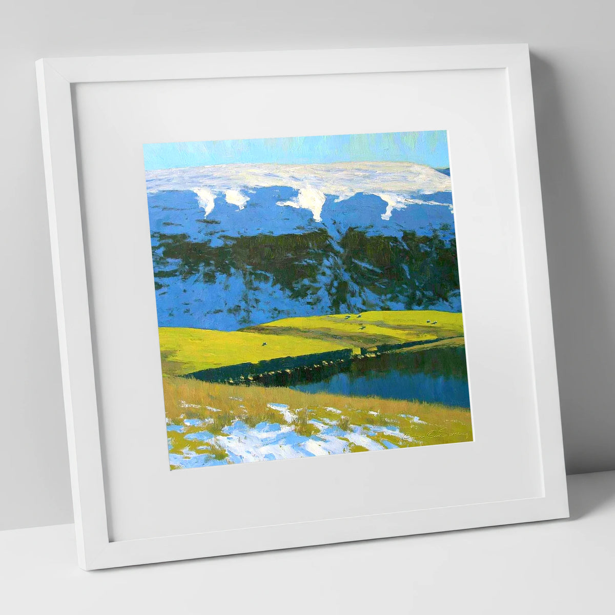 Snowy Ridge on Maiden Moor lake district fell art print in white frame