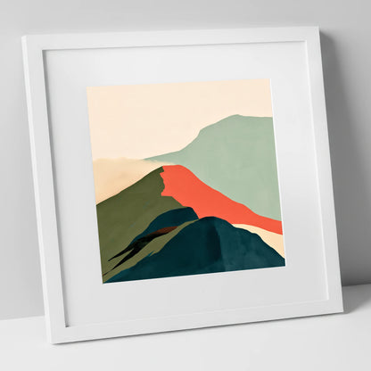 Bold Terracotta Mountain Ridge lake district fell art print in white frame