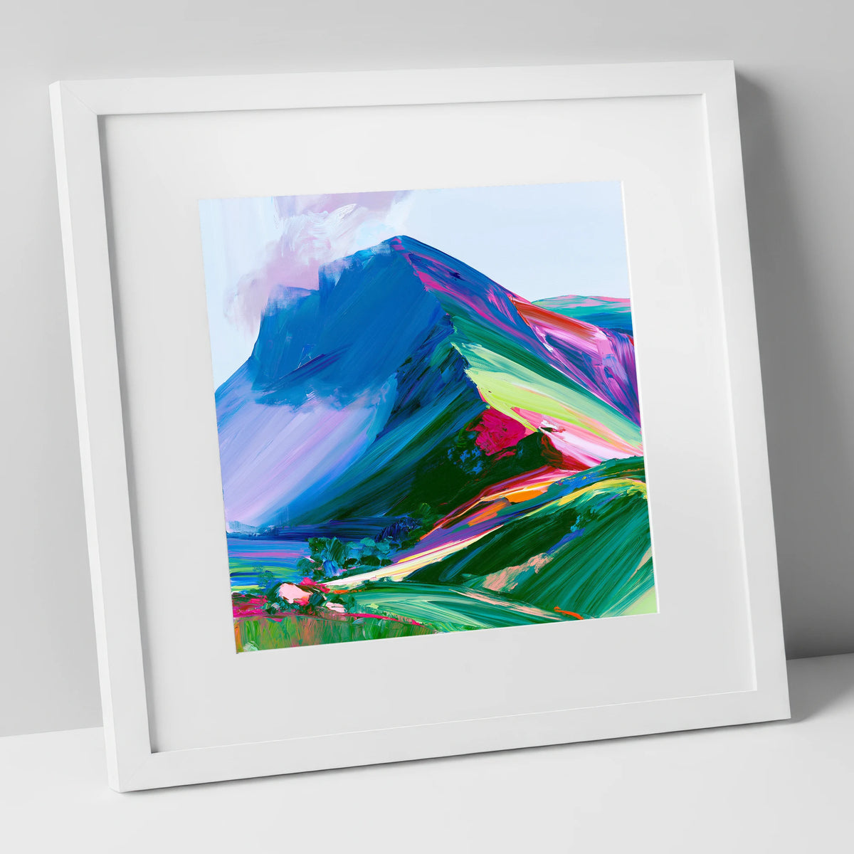 Vibrant Blue Mountain Ridge lake district fell art print in white frame