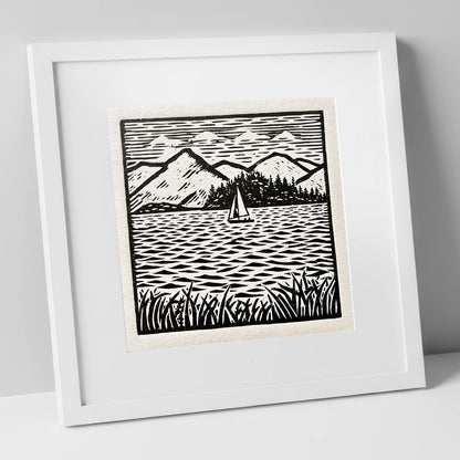 Monochrome Sailboat on Derwentwater lake district lake art print in white frame