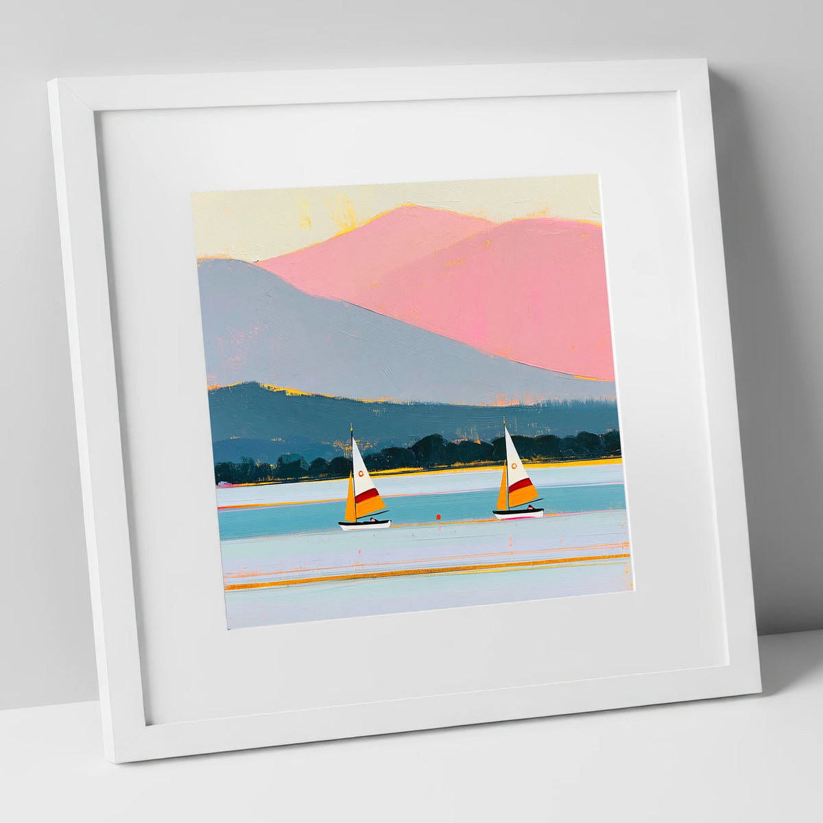 Windermere Sailboats and Pink Fells lake district lake art print in white frame