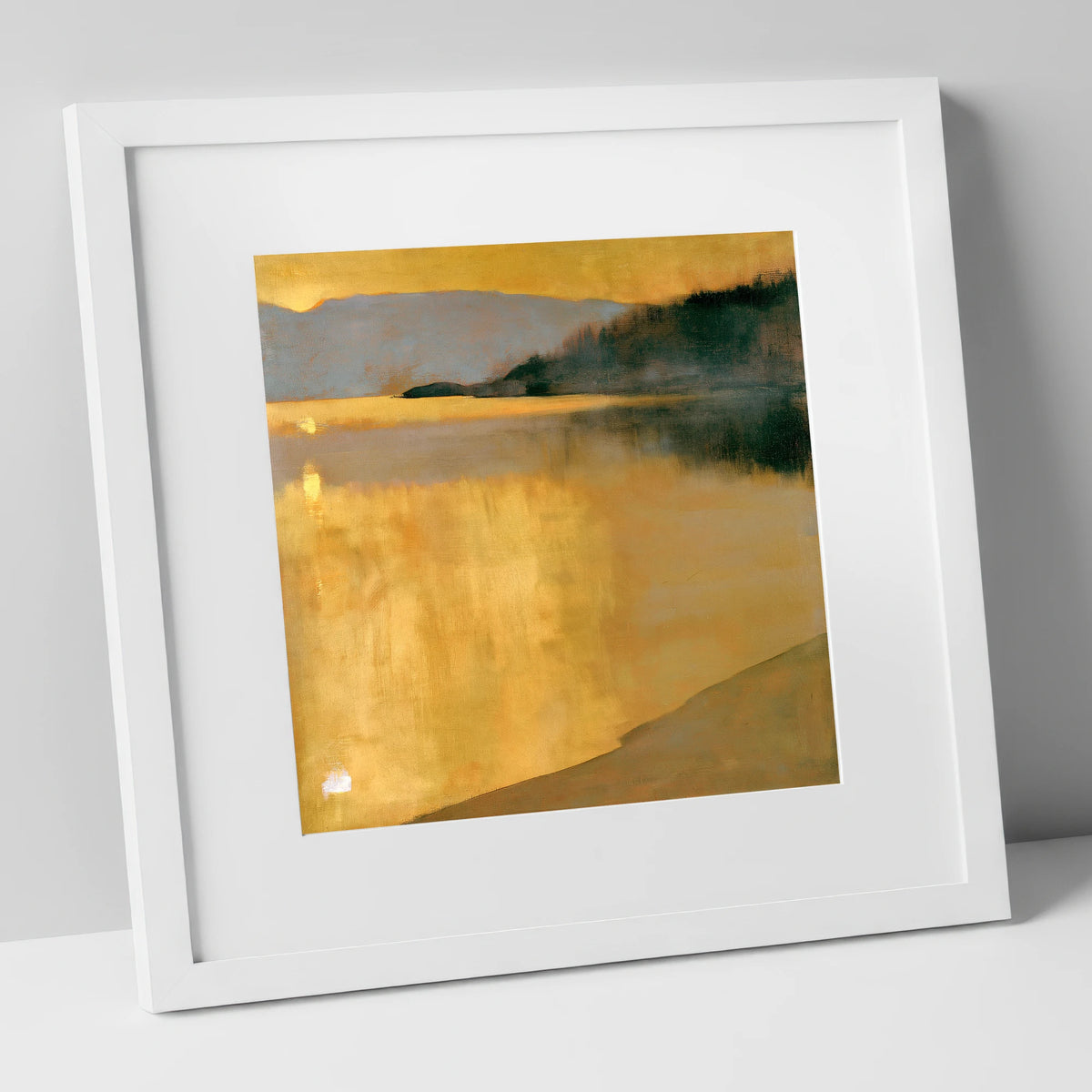 Golden Sunrise on the Lake lake district lake art print in white frame
