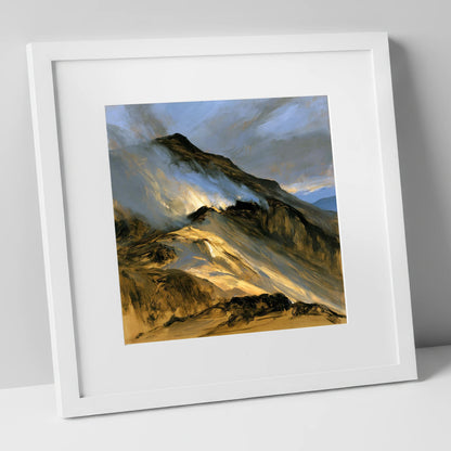 Sunlit Mountain Ridge in Mist lake district fell art print in white frame