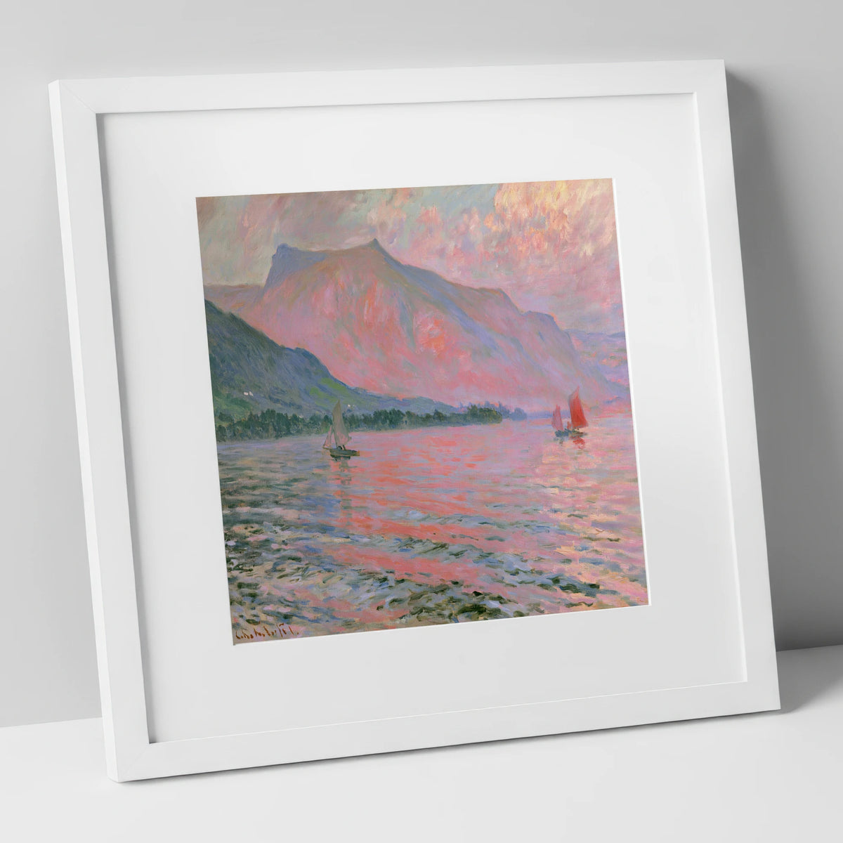Sunset Sailboats on Windermere lake district lake art print in white frame