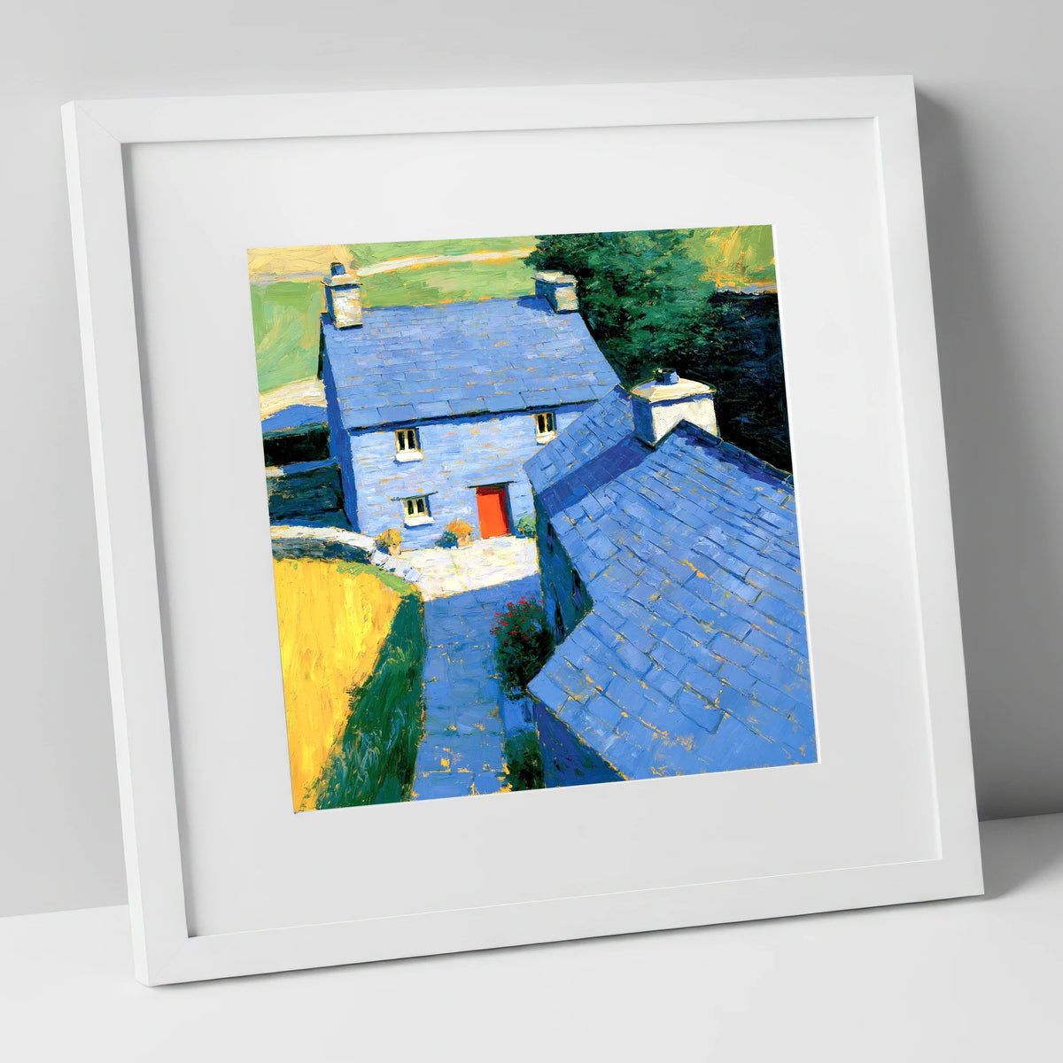 Vibrant Blue Slate Cottages lake district village art print in white frame