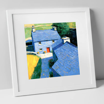 Vibrant Blue Slate Cottages lake district village art print in white frame