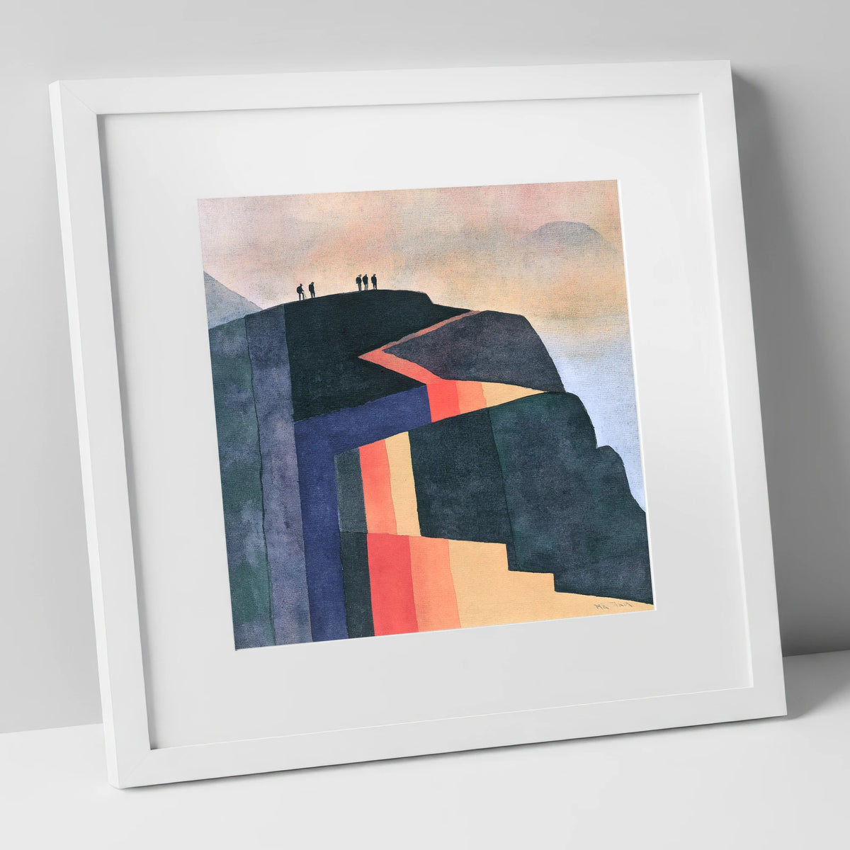 Hikers on Bold Geometric Fells lake district fell art print in white frame