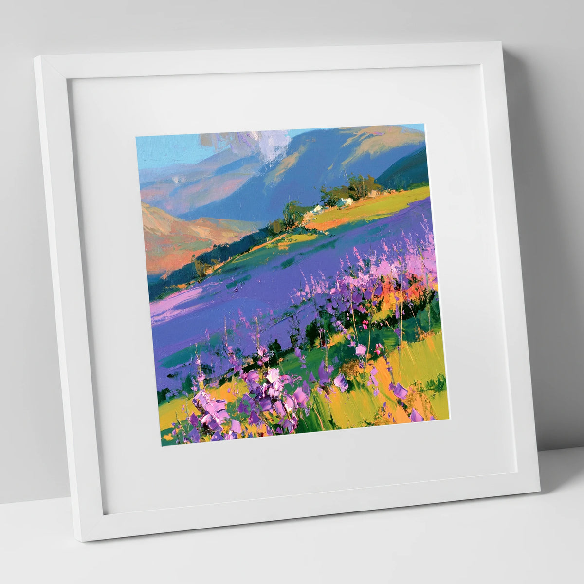 Vibrant Heather on a Lakeland Fellside flowers & fellsides art print in white frame