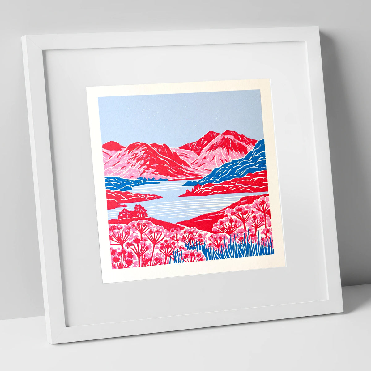 Vivid Red Fells and Lake lake district lake art print in white frame
