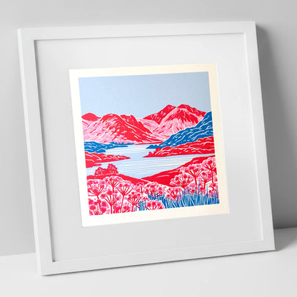 Vivid Red Fells and Lake lake district lake art print in white frame